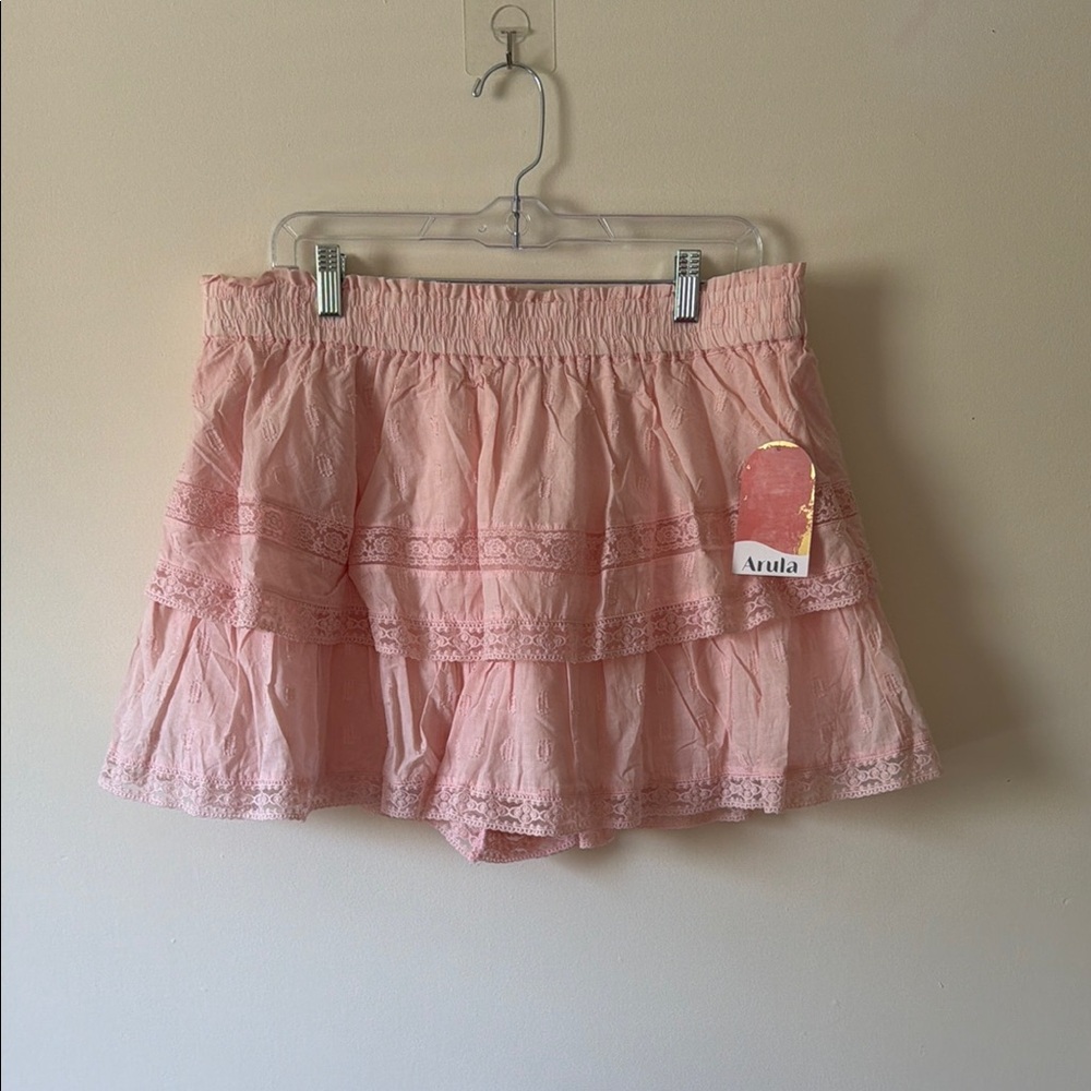 ARULA Soft Pink Tiered Lace-Trim Skort Shorts
